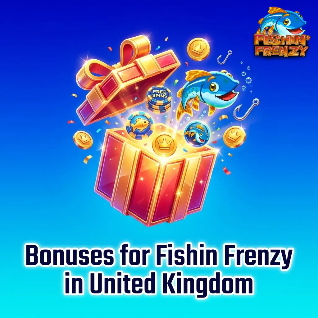 Fishing-themed slot machine with bonus coins and free spins icons for UK online casino promotions