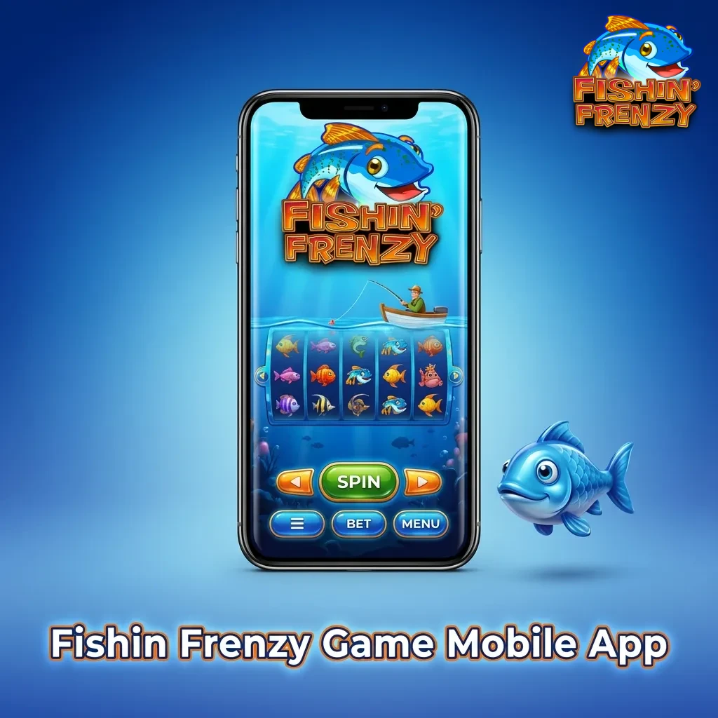 Fishin Frenzy slot game displayed on mobile phone screen with colorful fishing theme and touch-optimized controls