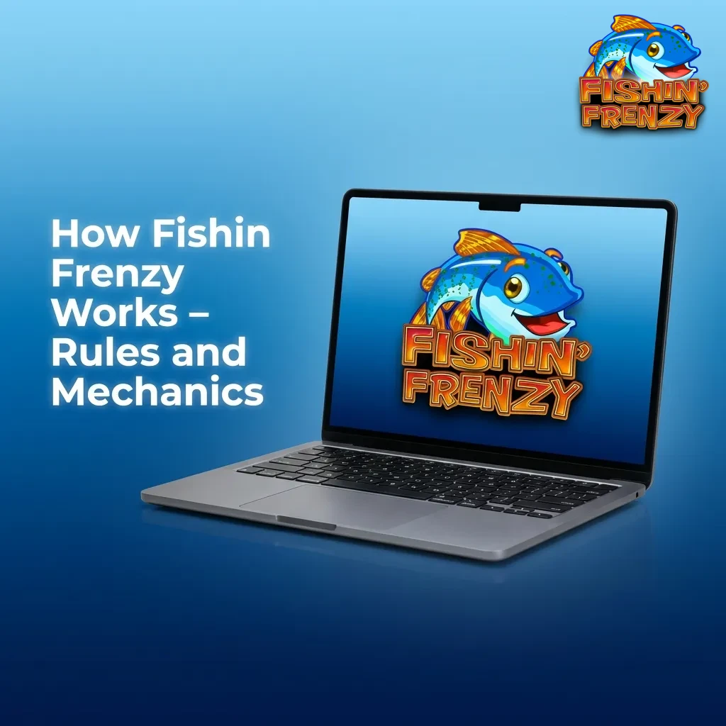 Fishin Frenzy slot game interface showing five reels, three rows, and colorful fishing-themed symbols on paylines