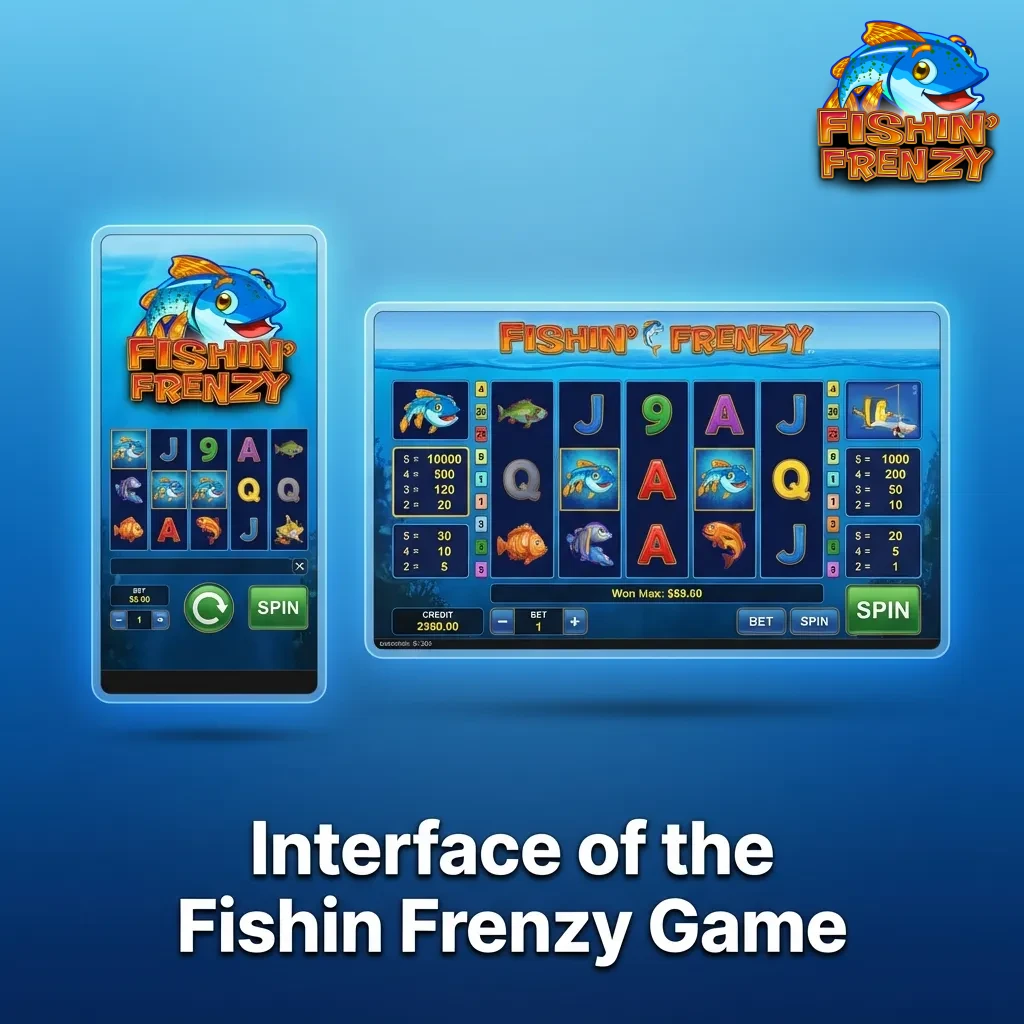 Fishin Frenzy game interface showing reels on waterside backdrop with bet controls, balance display, and nautical color scheme